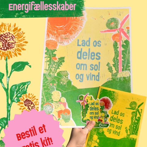 Billede af folder, plakat og klistermærker hvor der står: Lad os deles om sol og vind